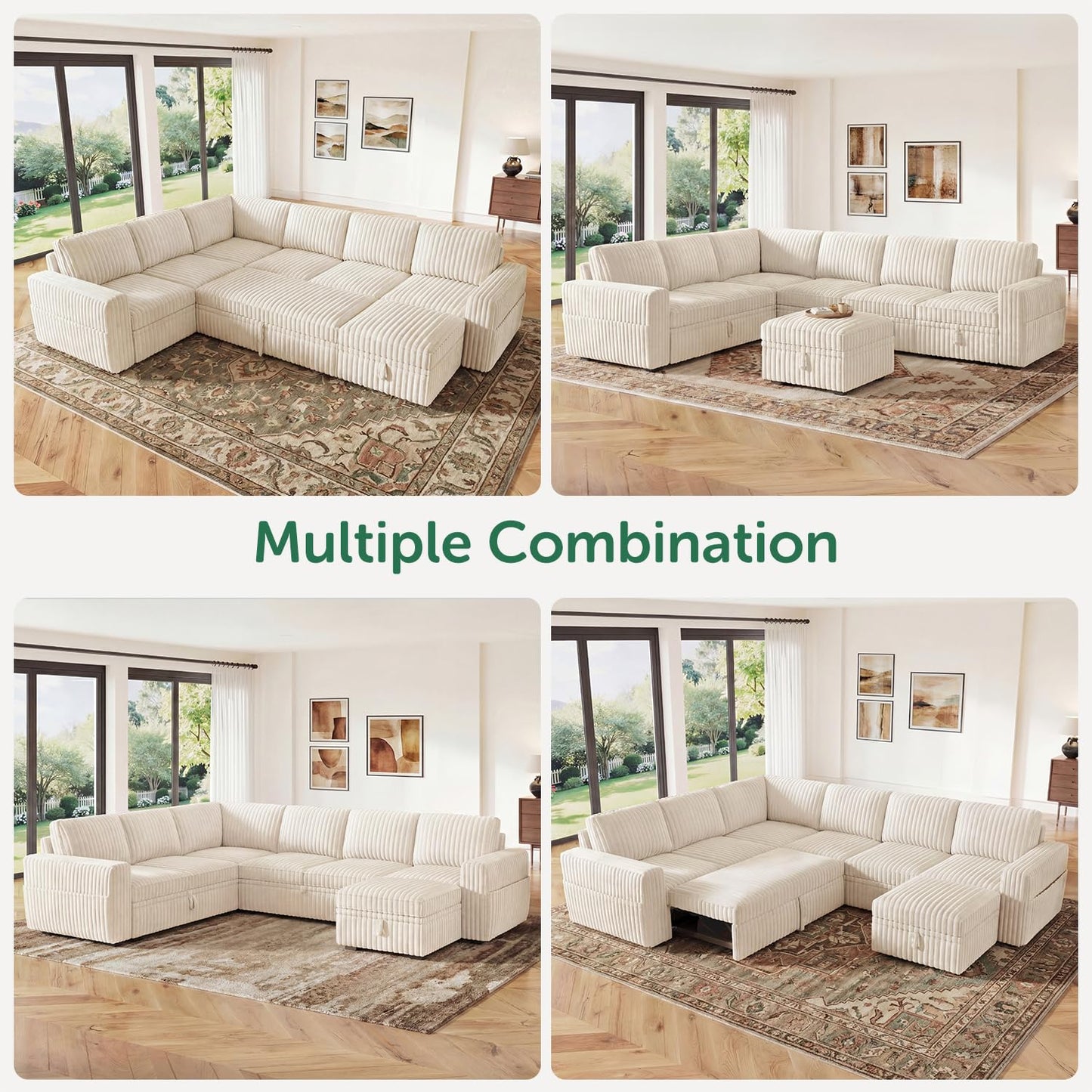 HONBAY Modular Sectional Sleeper Sofa with Pull Out Bed,Corduroy U Shaped Couch with Storage, Sectional Couches for Living Room,Beige