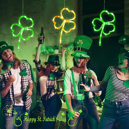 [Timer] 3 Pack St Patricks Day Decorations Shamrock Window Lights Battery Operated with Suction Cup & Hook, Saint Patricks Day Lucky Gold Green Clover Lights for Indoor Outdoor Party Irish Decor