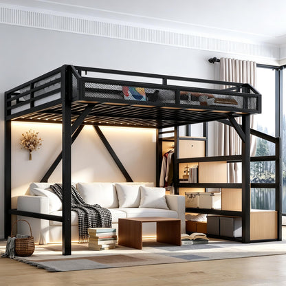 Bellemave Queen Size Loft Bed with Stairs and Wardrobe,Heavy Duty Metal Loft Bed Frame with Shelves,LED Lights and Charging Station for for Kids,Teens,Adults,Natural Wood