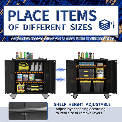 VIYET 2-Pack Rolling Garage Tool Cabinet,Heavy Duty Steel Rolling Tool Chest with Lockable Doors & Adjustable Shelves,Mobile Workshop Storage Cart for Garage Organization,Black