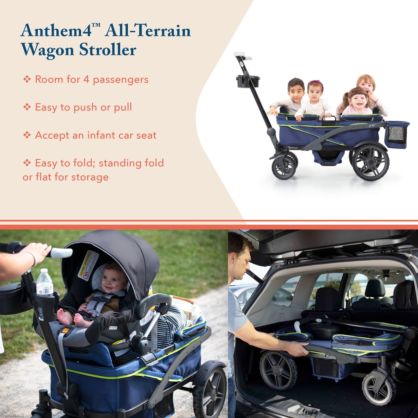 Gladly Family Anthem4 Quad All-Terrain Wagon Stroller with Easy Push and Pull, Removable XL Canopies, and Sturdy, Safe Folding for Storage and Transport, Electric Silver