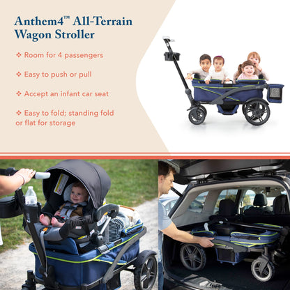 Gladly Family Anthem4 Quad All-Terrain Wagon Stroller with Easy Push and Pull, Removable XL Canopies, and Sturdy, Safe Folding for Storage and Transport, Electric Silver