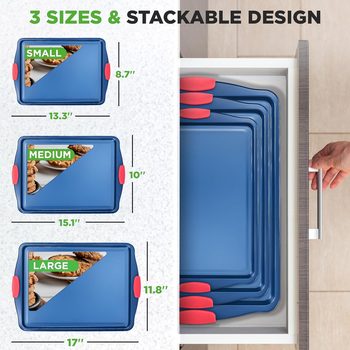 NutriChef Nonstick Cookie Sheets Set - Premium Carbon Steel Baking Trays with Silicone Handles | Large, Medium, Small - Blue