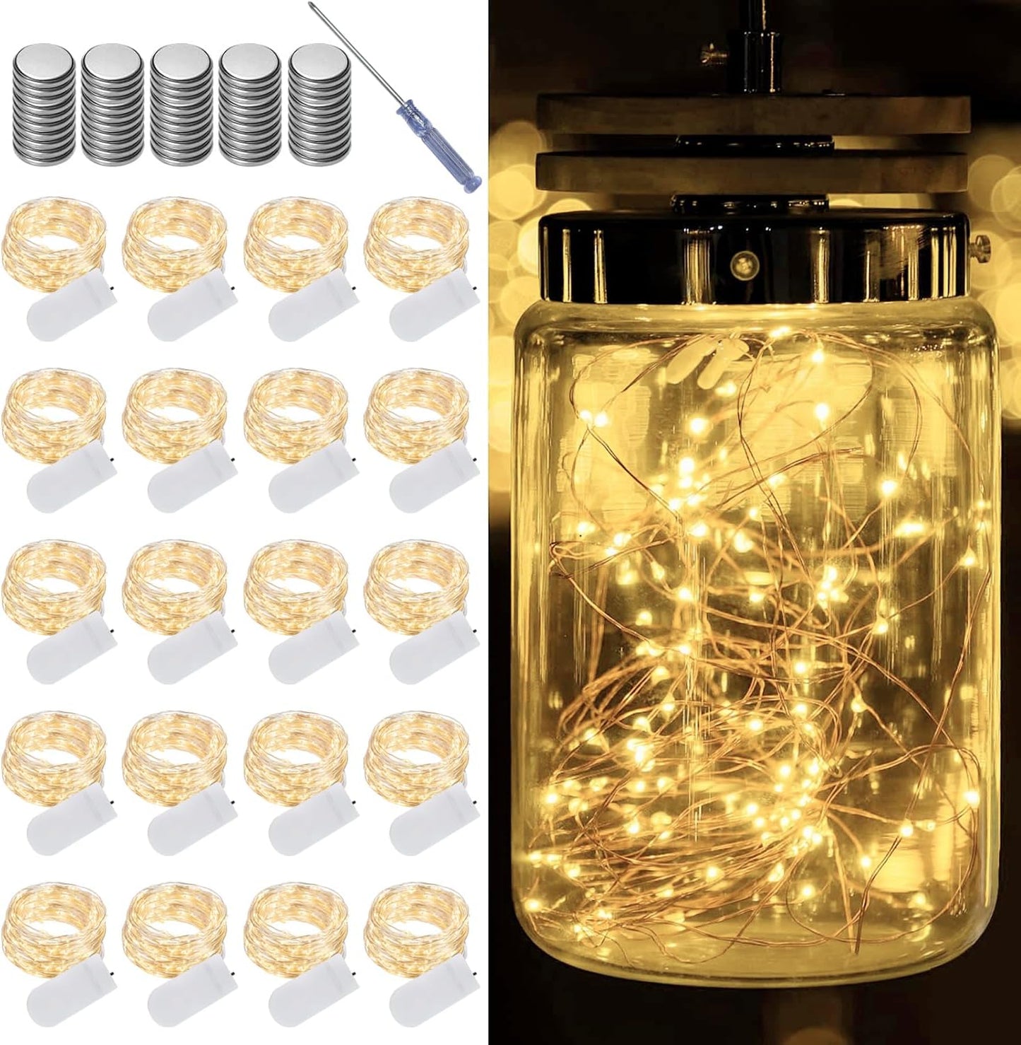 20 Pack 7ft 20 Warm White Battery Operated Fairy Lights, LED Mini String Lights, Copper Wire Twinkle Firefly Starry