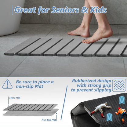 AWW Foldable Stone Bath Mat, Super Absorbent Diatomaceous Earth Mats, Non-Slip 23.6 x 15.5 Inch Quick Drying Mat, Compact and Easy to Store Bath Mats for Bathroom, Easy to Clean, Grey