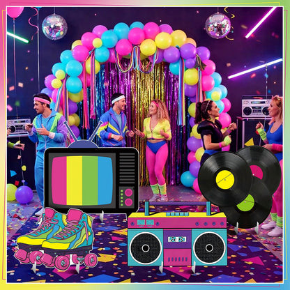 BrightRow 4 Pcs Large 80s Birthday Party Decoration, 23.62 Inch 90s Photo Props, Retro Cardboard Cutout, TV Roller Skates Radio Records Yard Sign for Birthday Supplies Hip Hop Music Theme Accessories
