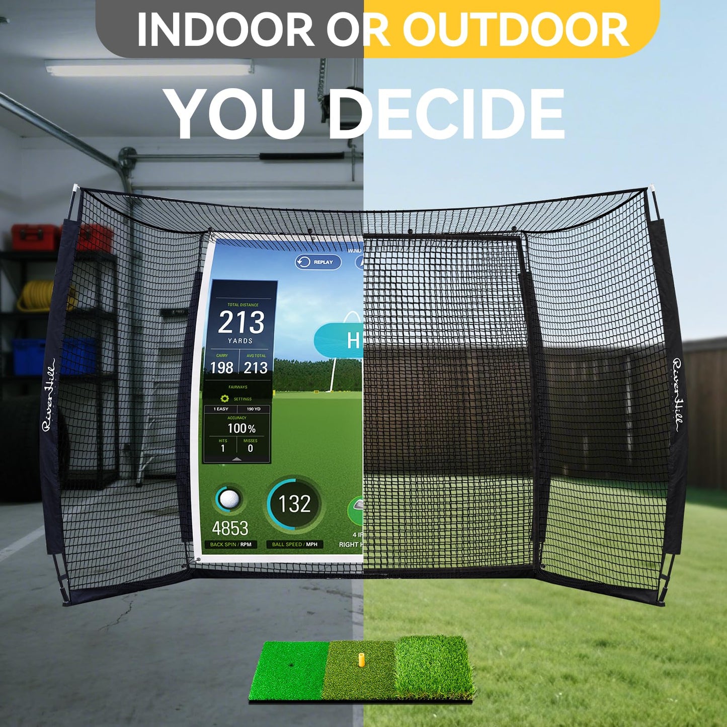 Golf Cage with Impact Screen, 10x8 Ft Golf Hitting Net w/Sound-Dampening Cloth, Practice Mat, Golf Simulator Enclosure, Indoor & Outdoor Driving Chipping Equipment for Home, Backyard & Garage