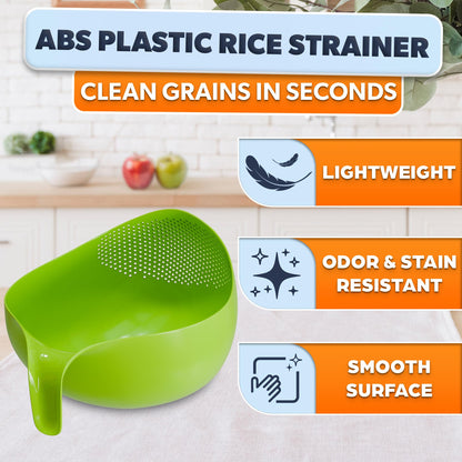 Rice Strainer with Handle - Lightweight Rice Washer Strainer Bowl with Smart Design for Easy Water Draining, Easy to Use & Clean ABS Plastic Colander with Handle for Cereals, Pasta, Vegetables, Fruits