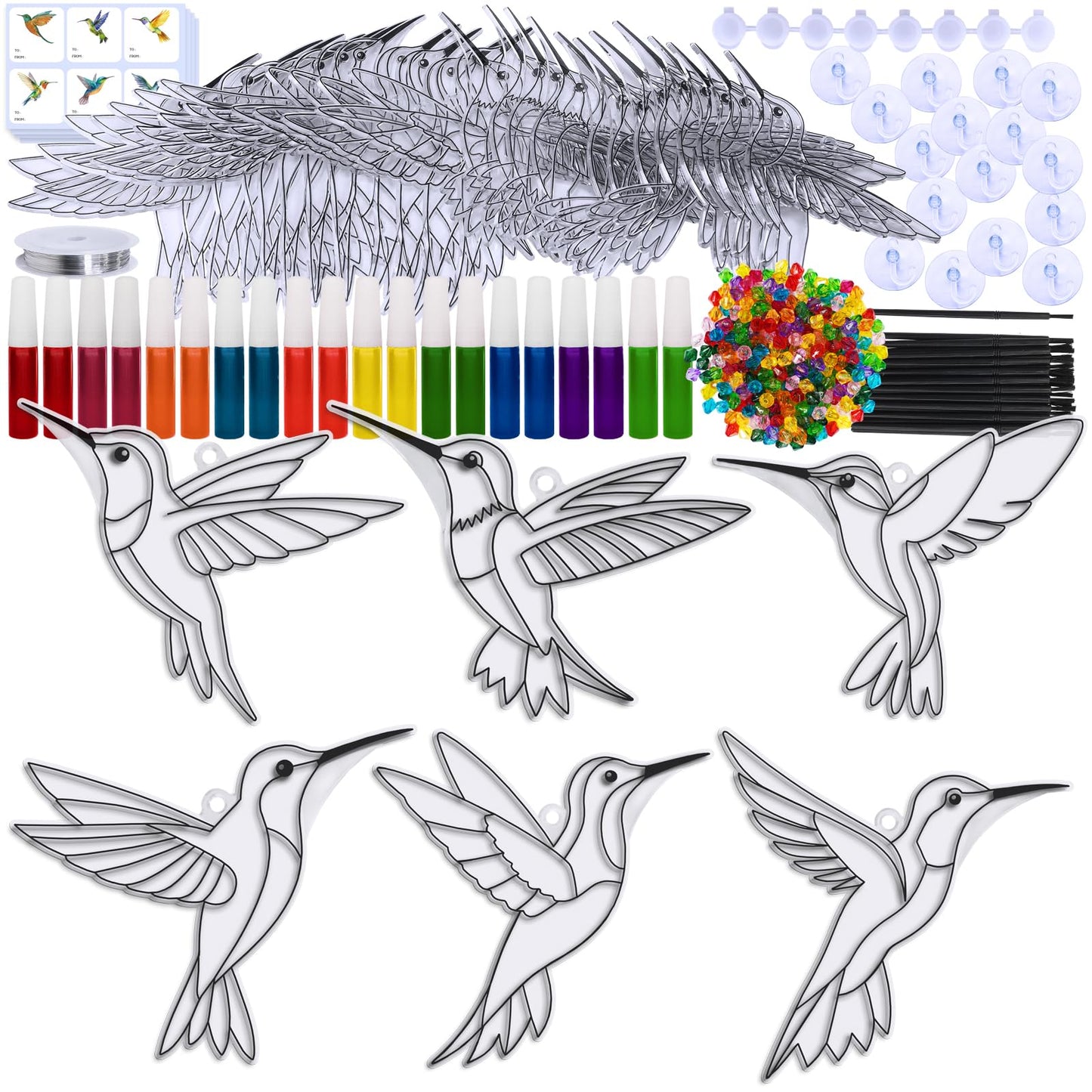 Winlyn 24 Sets Hummingbird Suncatcher Decorations DIY Window Paint Art Craft Kits Rainbow Bird Painting Kit for Kids Classroom Activities Birthday Spring Summer Camping Party Art Project