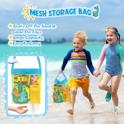 FHOZGECY Beach Toys, Sand Toys for Kids Boys and Girls with 2 Construction Vehicle, 2 Collapsible Bucket, Sand Castle Building Kit, Sand Molds, Mesh Bag, Outdoor Toys for Kids Ages 4-8