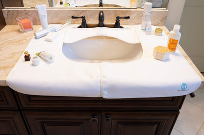 SPLASHPAD Sink Splash Guard - Home Essentials Faucet Mat for Clean and Dry Bathroom Counter - Absorbent Fast Drying Non Slip Protector - Soft Microfiber with Waterproof Rubber Grip - Washable - White