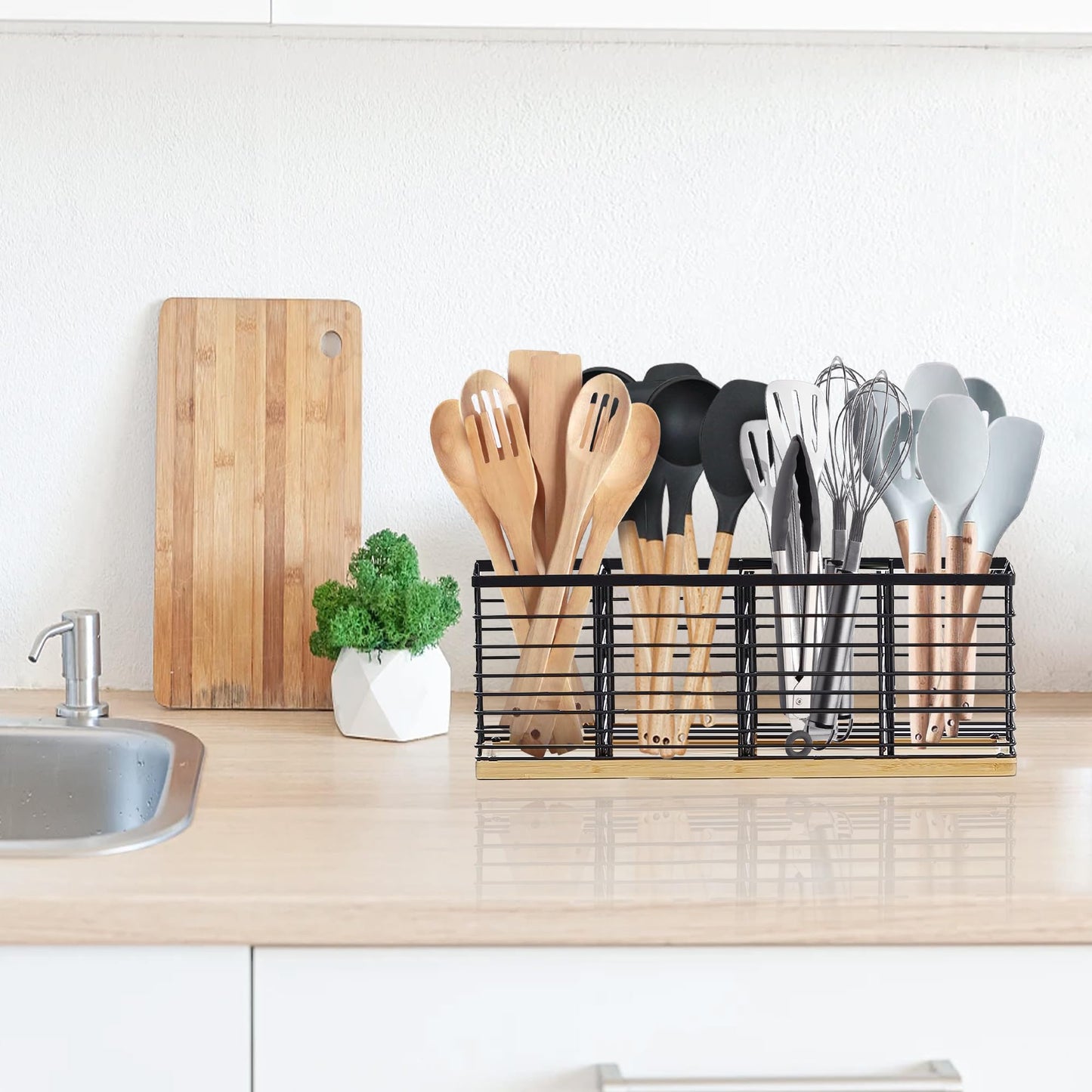 Suli Extra Large Kitchen Utensil Holder Countertop with 4 Compartments,Matte Black Metal holder with Wooden Base for Countertop,Farmhouse Utensil Organizer for counter,Rustic Cooking Utensil Organizer