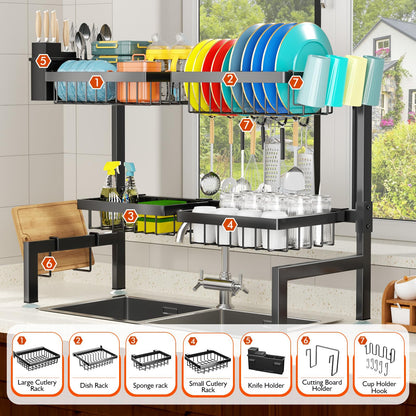 YKLSLH 4 Baskets Over The Sink Dish Drying Rack, Extendable Large Capacity Sink Rack, Metal Drying Rack Saving Space,for Most Sinks (26.57"-35")