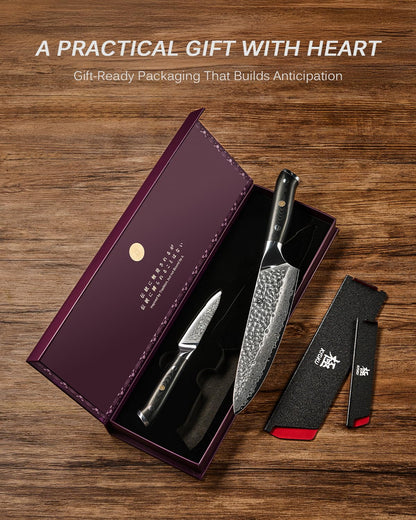 KYOKU Knife Set, Shogun Series 2pc Japanese Style Kitchen Knife Set, 8" Chef 3.6" Paring Knife with Sheath Gift Box, Professional Sharp Damascus Stainless Steel Knives for Meat Vegetable Fruit