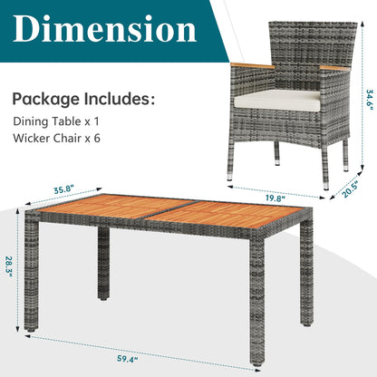 Shintenchi 7 Piece Patio Dining Set, Wicker Patio Conversation Set with Wooden Table Top, Outdoor Table and Chairs with Soft Cushions for Backyard, Deck and Garden, Grey Wicker