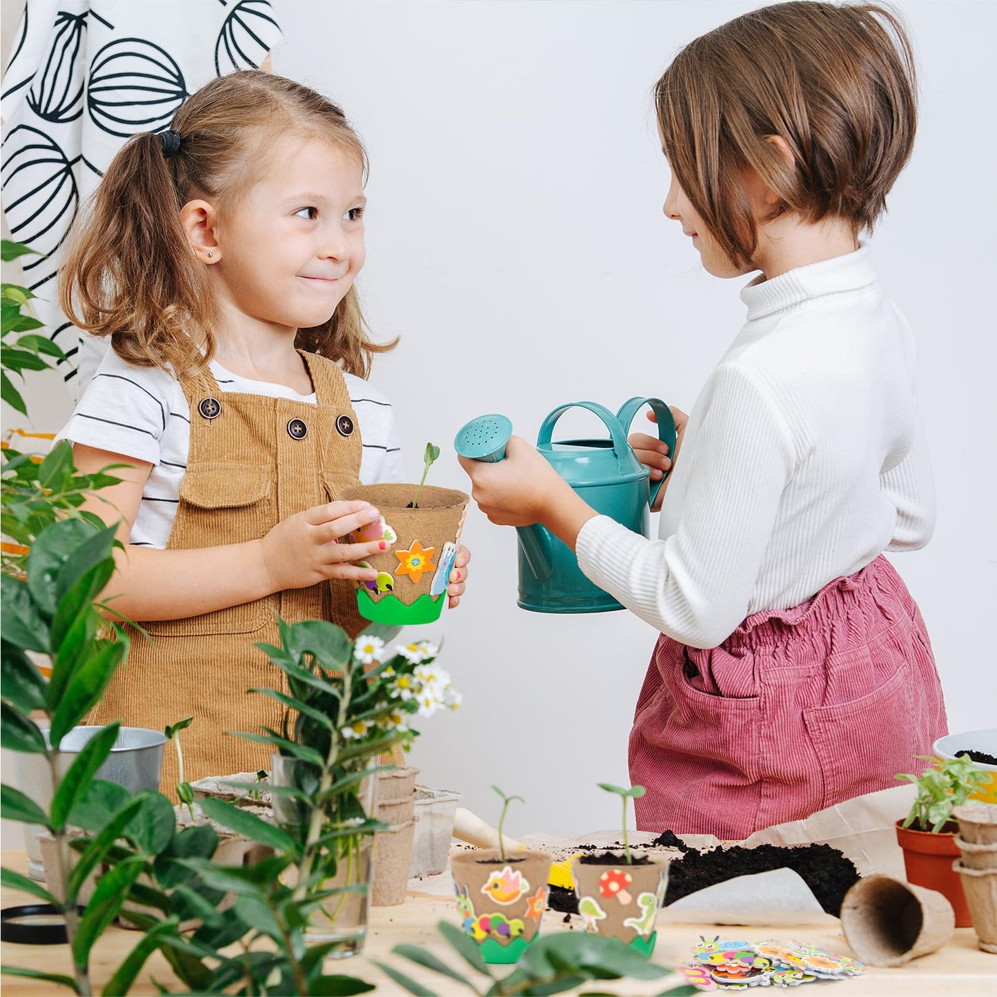 Ayfjovs 80 Pack Garden Paper Pot Craft Kit, Kids Flower Plant Growing Kit with 300 PCS Adhesive Foam Stickers and 80 PCS Plant Pots Labels for Classroom DIY Planting, Kids Summer Craft, Father's Day