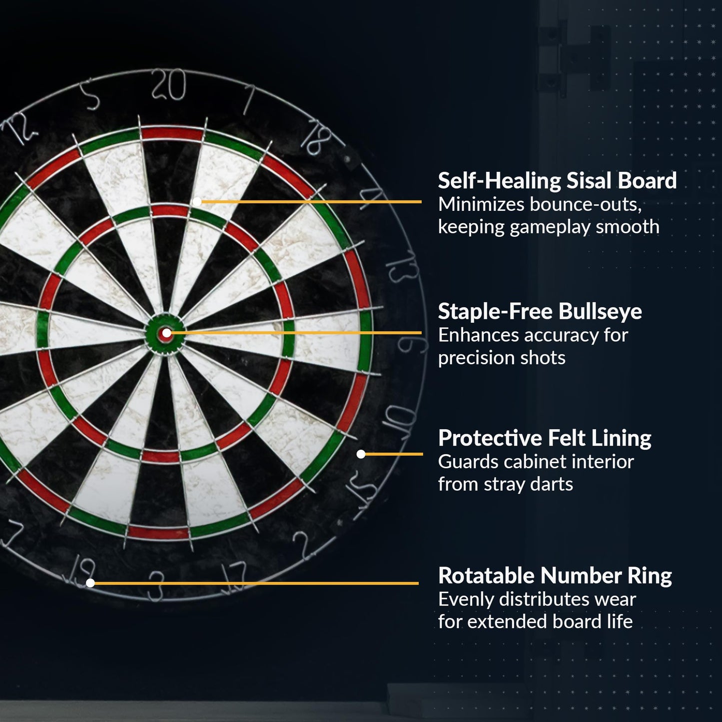 Hathaway Drifter 18-in Bristle Dart Board and Cabinet Set – Includes Self Healing Sisal Board, Removable Outer Ring, Chalk Scoreboards & Steel-Tip Darts - Complete Dart Accessories - Timberwood