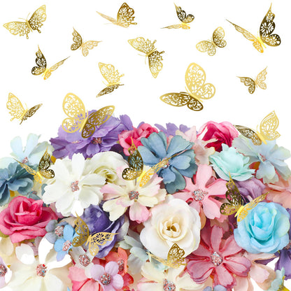 Wavyknot 342 Pcs Faux Flower Heads and 3D Butterfly for Craft Bulk DIY Graduation Cap Decorations Accessory Kit Small Silk Fake Floral Head Gold Butterfly for Wedding Bouquet Graduation Cap Decor