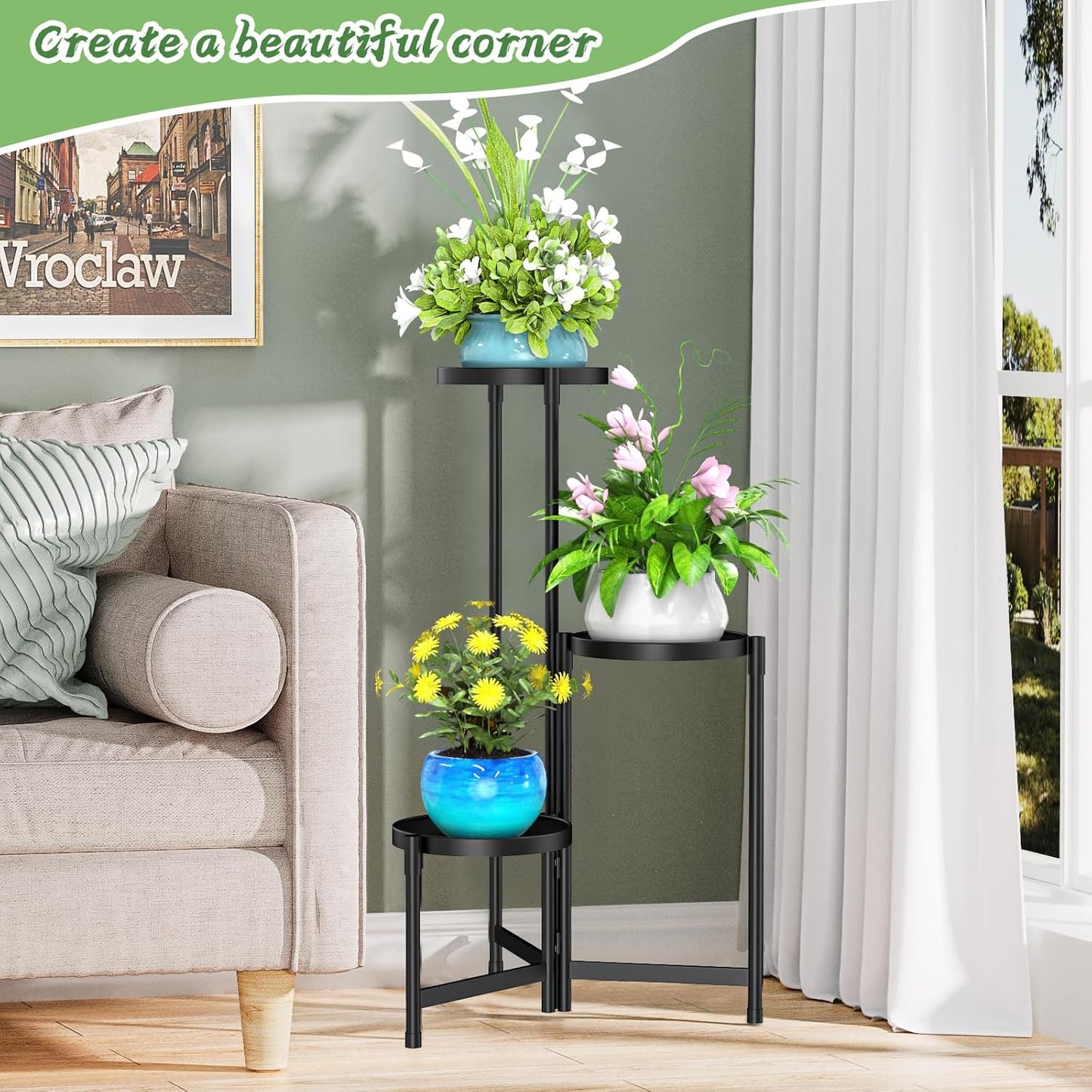 3 MOKANI Metal Plant Stand Indoor Outdoor for Multiple Plants, Tiered Folding Corner Shelf Tall Flower Pot Holder