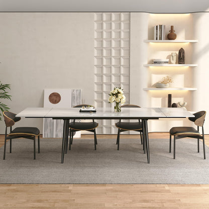 62.9"–94.4" Extendable Sintered Stone Dining Table for 6–10, Modern White Rectangular Kitchen Table with Stainless Steel Legs, Heat & Scratch Resistant, for Indoor & Outdoor Use