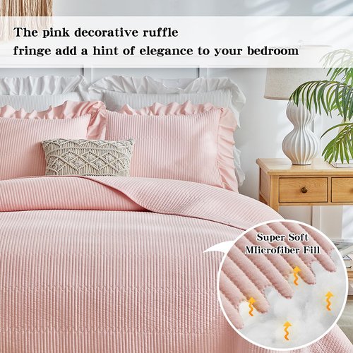 Flysheep Pink Ruffle Quilt Set Twin Size, 2 Pieces Shabby Chic Farmhouse Striped Bedspread Coverlet Set, Solid Lightweight Soft Microfiber Bed Cover for Kids (1 Ruffled Quilt + 1 Pillow Sham)