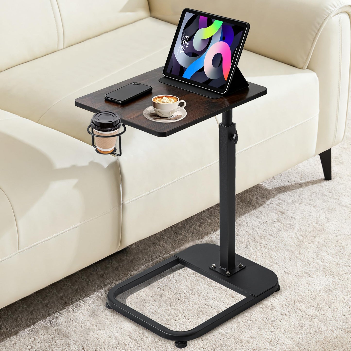 facka Adjustable TV Tray Table with Rounded Metal Corners, C-Shaped Snack Table for Couch, Sofa, Bed or Chair, Small Space Side Table for Eating, Dinner, or Laptop Use