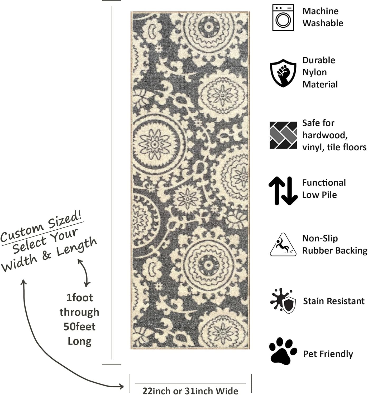 Custom Size Grey Floral Medallion Rubber Backed Non-Slip Hallway Stair Runner Rug, 22 inch Wide