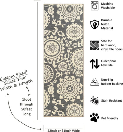 Custom Size Grey Floral Medallion Rubber Backed Non-Slip Hallway Stair Runner Rug, 22 inch Wide