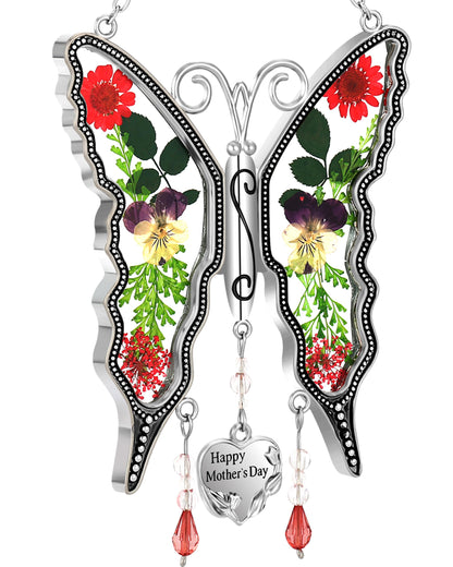 KY&BOSAM Gifts for Women Happy Mother`s Day Butterfly Suncatcher Stained Glass Suncatcher for Window Hanging Home Decor Wind Chime with Pressed Real Flower Garden Decor Gifts for Mom Mothers Day
