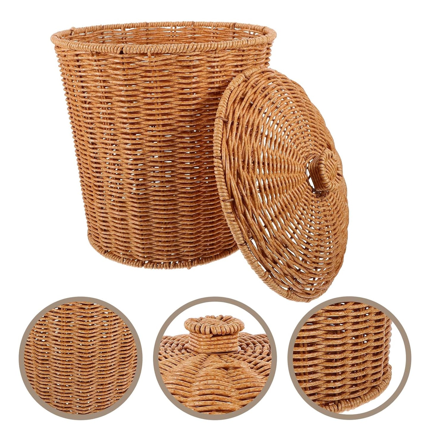 VICASKY Wicker Storage Basket with Lid, Dirty Clothes Container, Rattan Waste Basket, Bedroom Trash Can