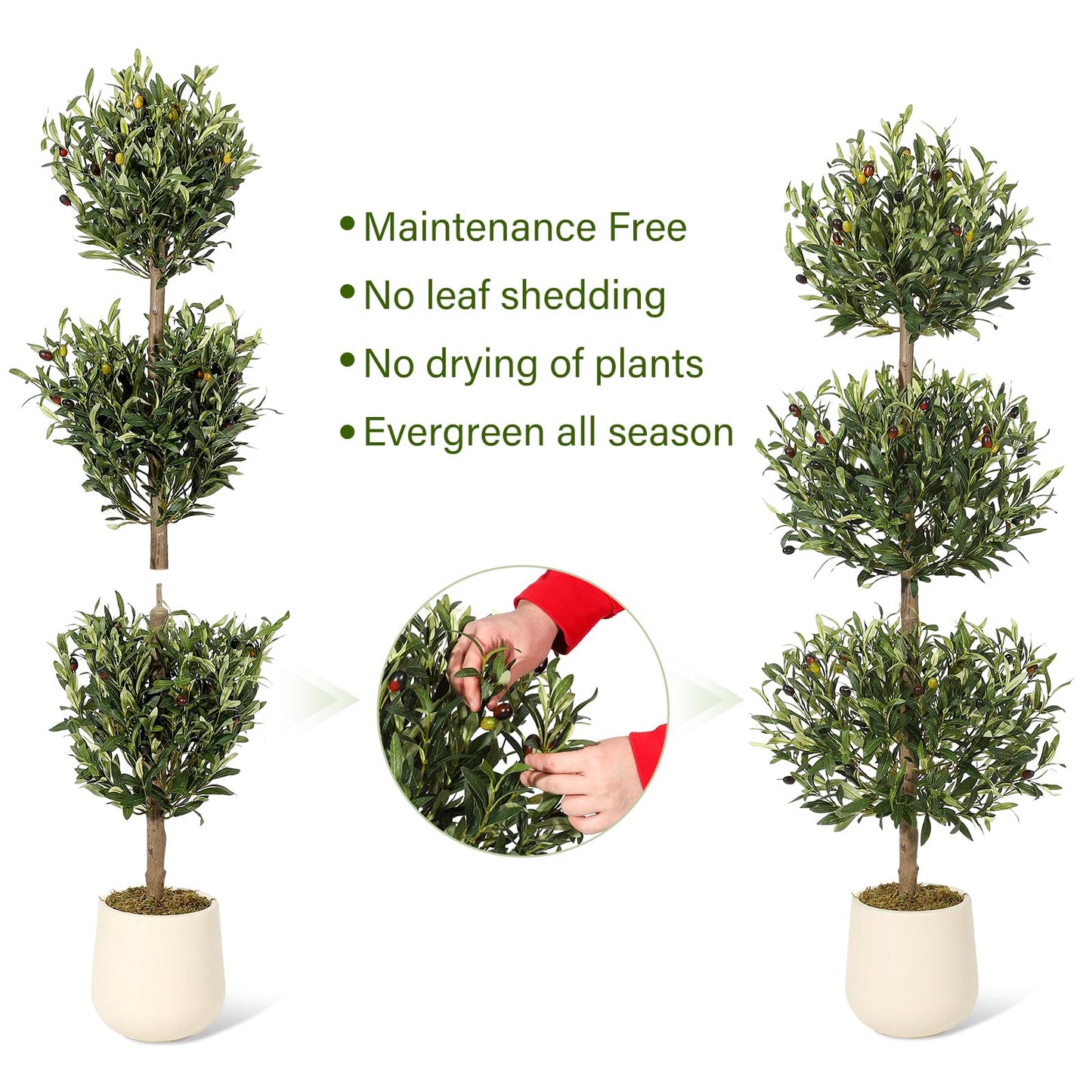 2 Pcs Artificial Olive Tree, 5FT Tall Olive Trees Artificial Indoor, Fake Olive Tree with Planter, 3-Tier Spherical Design Faux Olive Tree for Home Office Decor