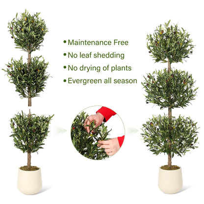 2 Pcs Artificial Olive Tree, 5FT Tall Olive Trees Artificial Indoor, Fake Olive Tree with Planter, 3-Tier Spherical Design Faux Olive Tree for Home Office Decor