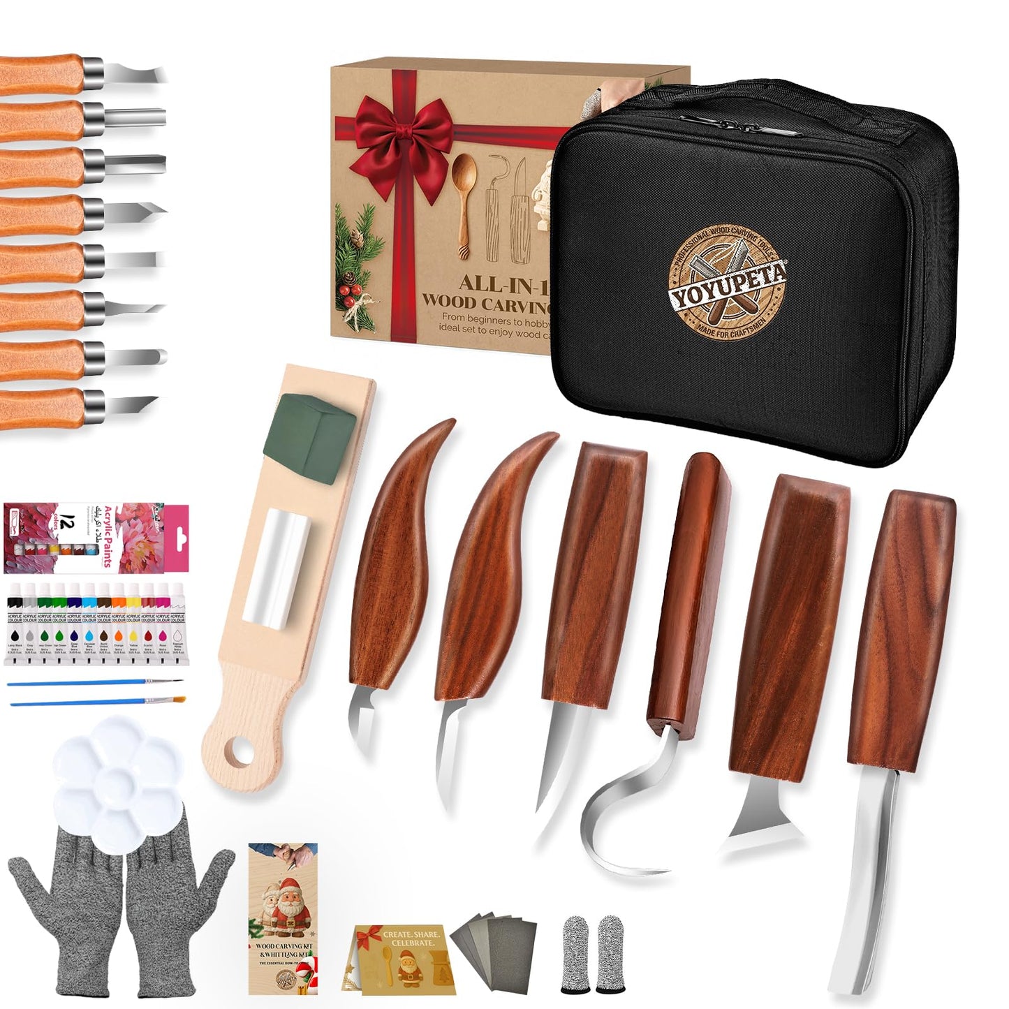 YOYUPETA Wood Carving Tools, 34-Piece Professional Whittling & Carving Kit Set with Walnut Handle Knives, Detail Gouges, Sharpening Stone, Acrylic Paints, Brushes, Palette & Gloves for Adult Hobbyists