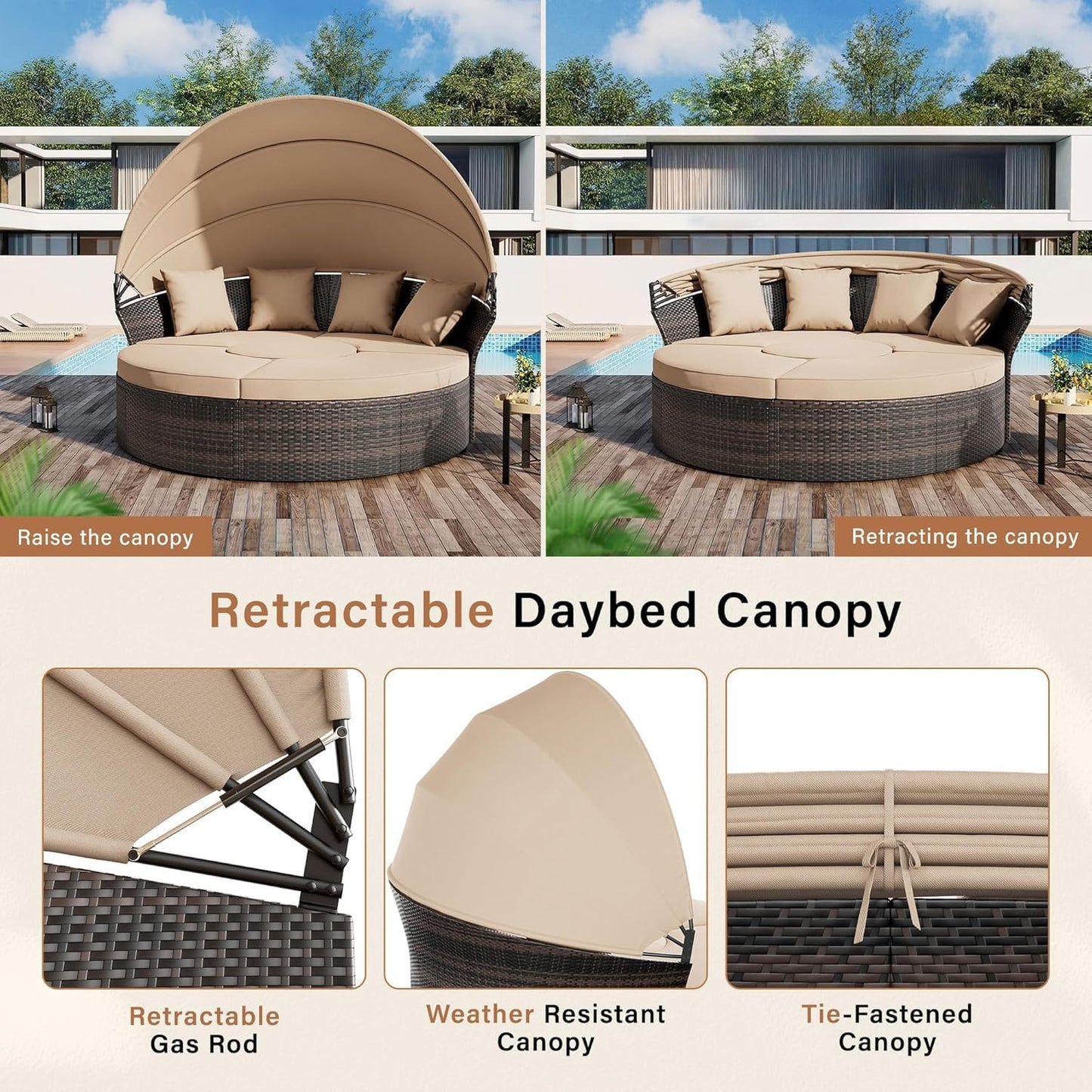 Outdoor Furniture Patio Round Daybed with Retractable Canopy, Black Wicker Clamshell Sectional Seating with Cushions for Patio, Backyard, or Porch, Pool Round Bed (Brown)