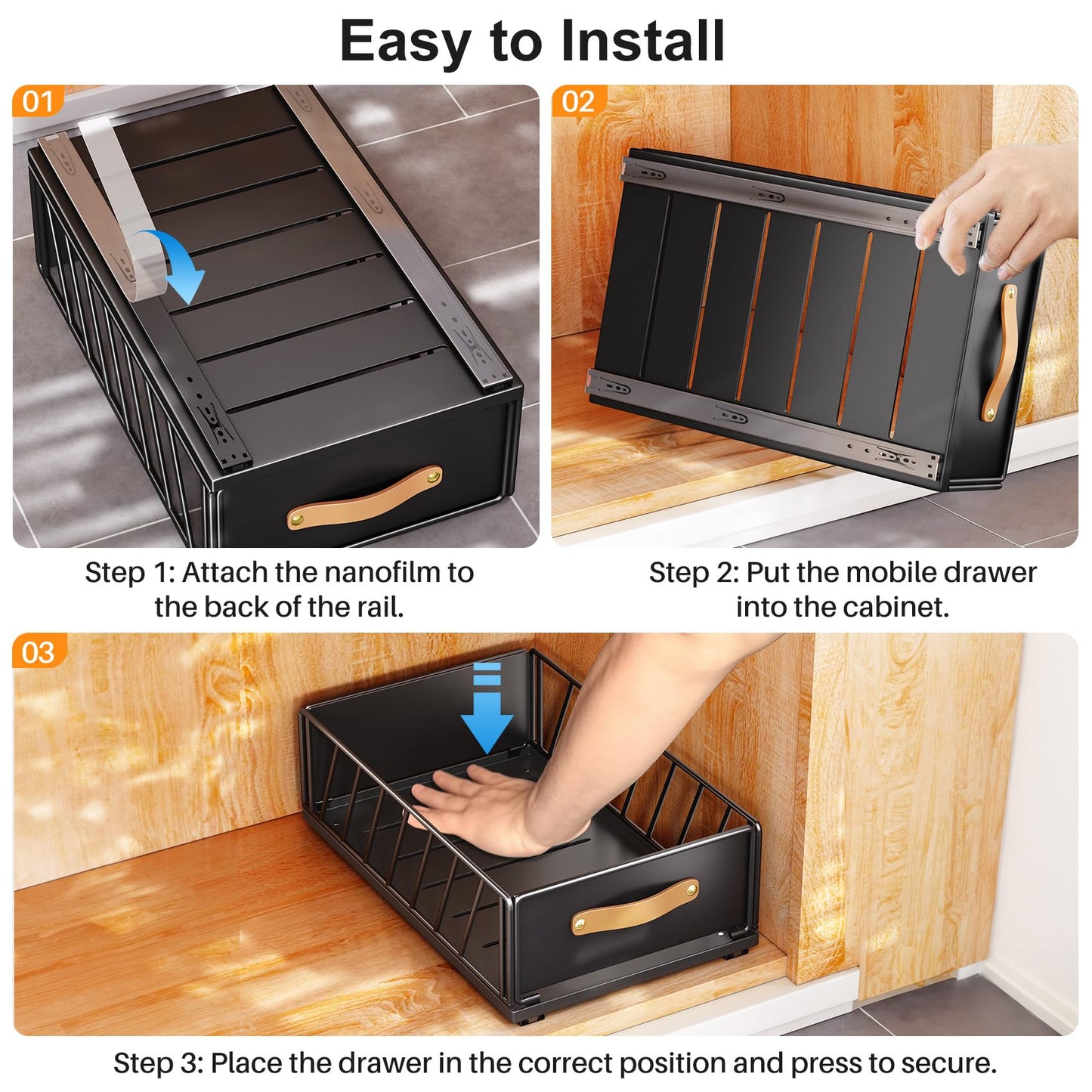 Pull out Cabinet Organizer,Heavy Duty Slide out Pantry Shelves Drawer Storage with Adhesive Nano Film,Sliding Mesh Cabinet Basket with Handle for Kitchen, Bathroom, Home, 11.8"W X 15.7"D X6.2"H,Black