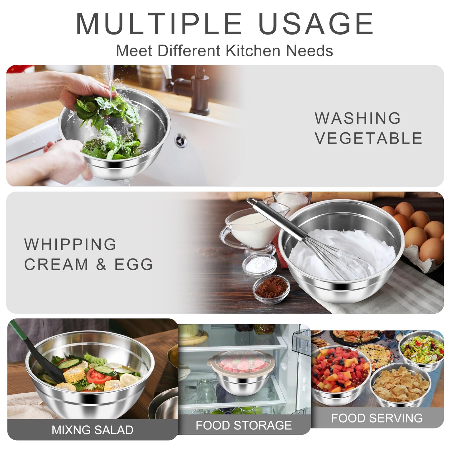 HaWare Mixing Bowls with Airtight Clear Lids, 6-Piece Stainless Steel Strong Nesting Bowls Set, Metal Salad Bowl for Cooking, Prepping, Baking, Serving & Food Storage, Size 4.6, 3, 1.5QT, Khaki
