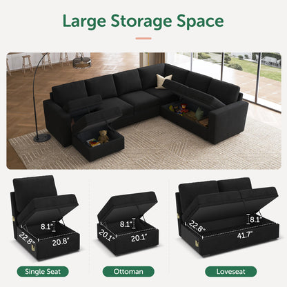 HONBAY Sectional Sleeper Couch with Pull Out Bed, U Shaped Sectional Sofa with Storage, Modular Velvet Sectional Couches for Living Room, Black