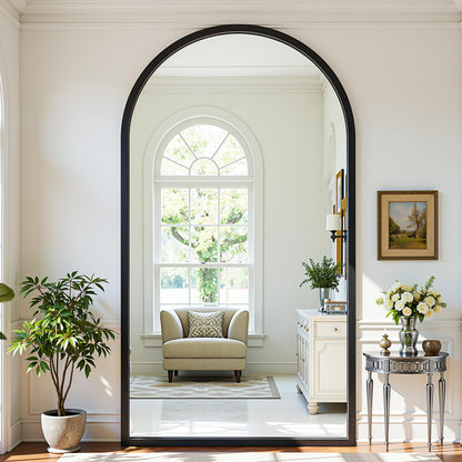 Full Length Mirror 82"×44" Floor Mirror Standing Tall Mirror, Arched Stand up Large Wall Mirrors, Freestanding Full Body Mirrors for Bedroom Living Room Wood Antique Style Black