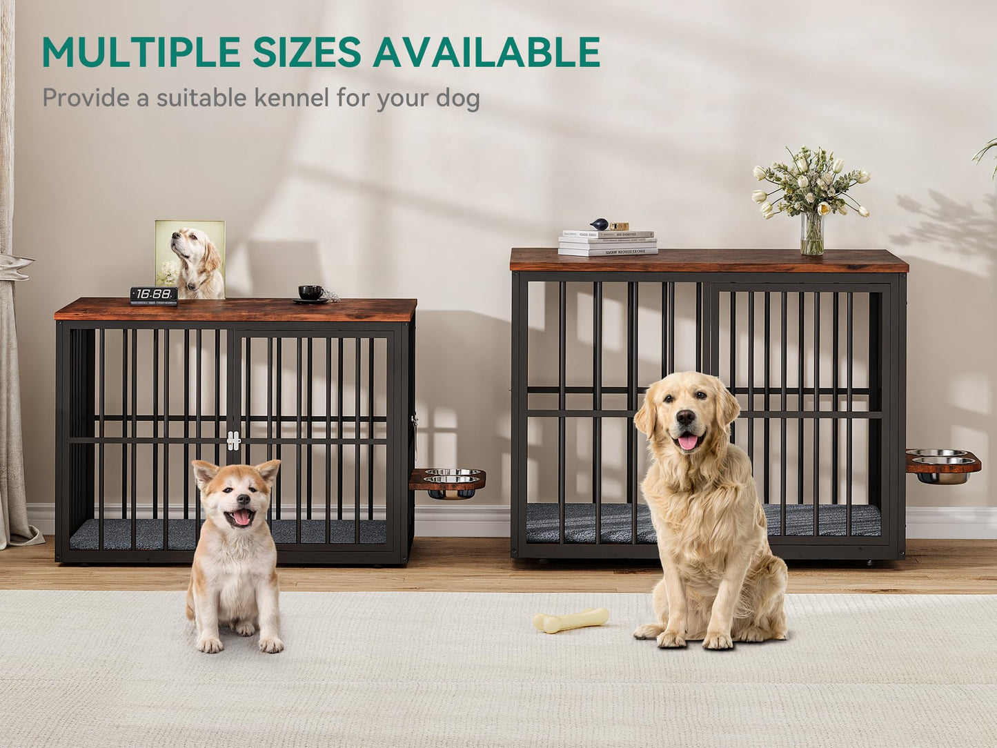 88.6" Large Dog Crate Furniture, Wooden Dog Kennel with Bowls & 3 Doors, Double Crate Furniture TV Stand for Medium Large Dogs, Brown