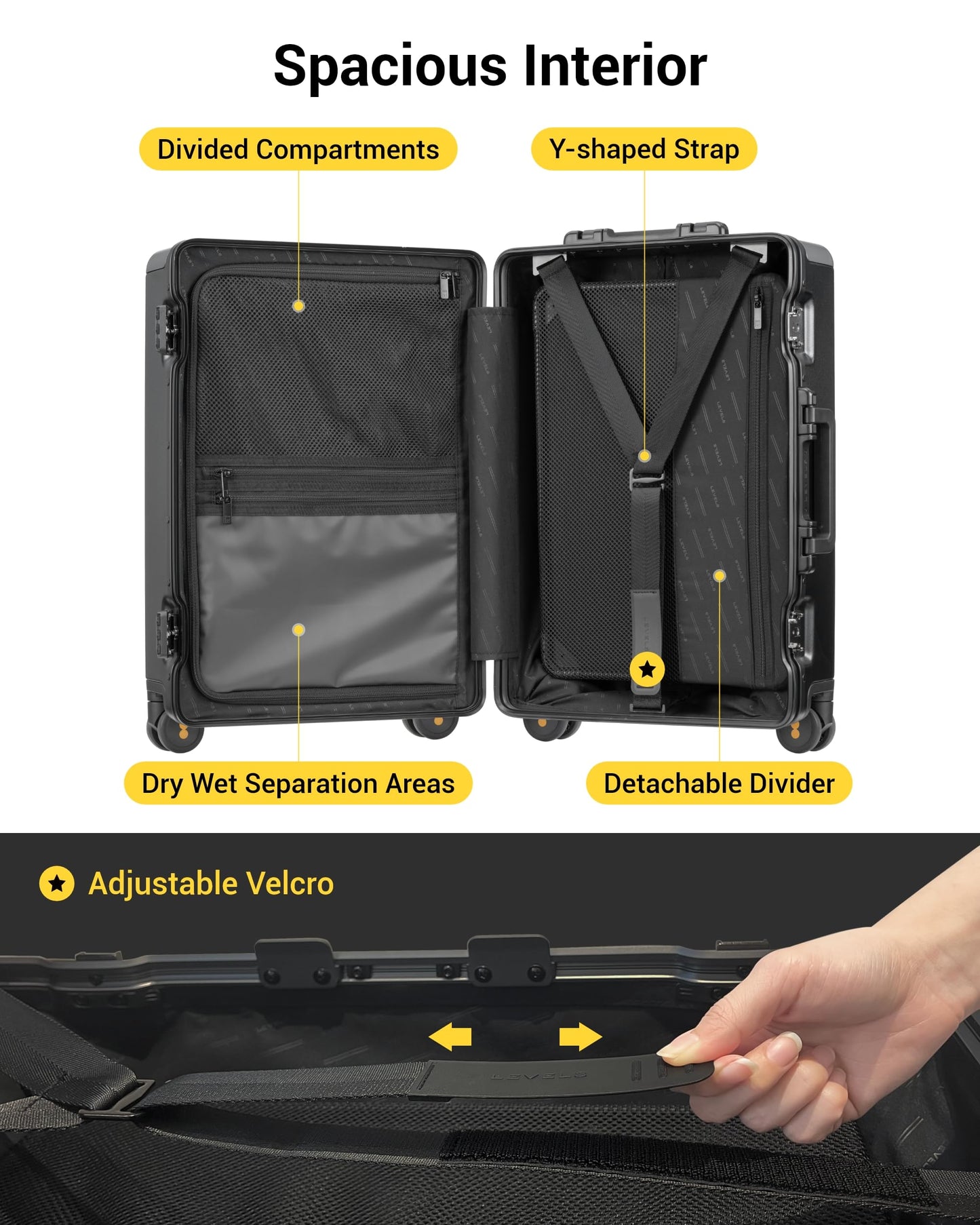 LEVEL8 Zipperless Carry On Suitcase Airline Approved with Aluminum Frame, Hard Shell Luggage with Spinner Wheels, Metal Travel Luggage, 20 Inch, Black