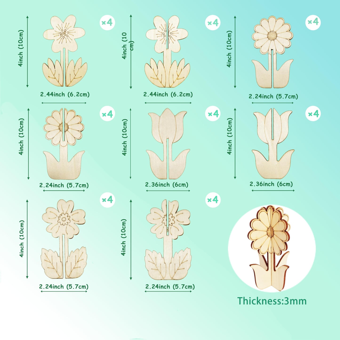 BENIMUS DIY 3D Flower Spring Wood Crafts to Paint, Spring Unfinished Wooden Slices for Craft, Flowers Ornaments for Painting Decorations (32 PCS)