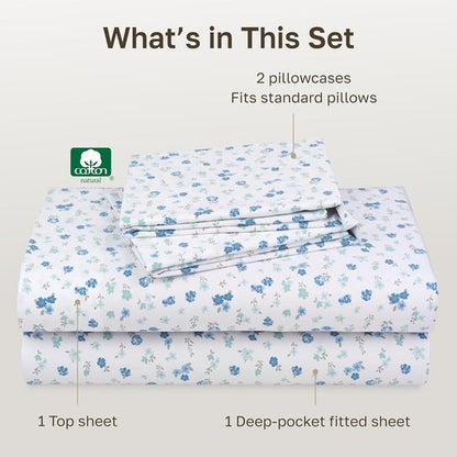 California Design Den Soft Full Cotton Sheet Set - 100% Cotton, 400 TC, Deep Pockets, Floral White/Blue