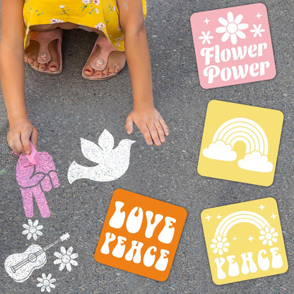 36pcs Groovy Hippie Drawing Stencils for Kids 8 Inch Sidewalk Chalk Stencils Painting Spring Gifts Large Washable Reusable Retro Boho Themed Primary Shape Template for Kids Toddlers Preschool