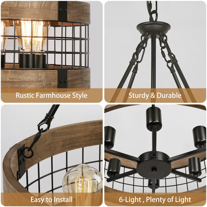 ACNKTZ 6-Light Farmhouse Chandelier for Entryway, Rustic Dining Room Light Fixtures, Industrial Drum Hanging Lighting for Kitchen Island Foyer, Black Wood and Black Metal Finish