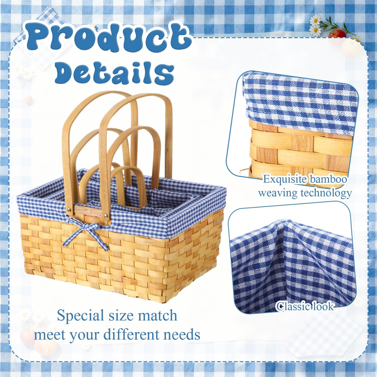 LOYIM 3 Pcs Different Sizes Picnic Basket with Handles Spring Plaid Gingham Checkered Liner Basket Rustic Woven Hamper for Picnic Camping Outdoor Egg Gathering Candy Gift(Blue)