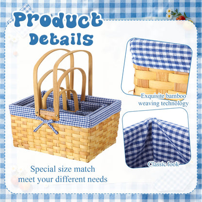 LOYIM 3 Pcs Different Sizes Picnic Basket with Handles Spring Plaid Gingham Checkered Liner Basket Rustic Woven Hamper for Picnic Camping Outdoor Egg Gathering Candy Gift(Blue)