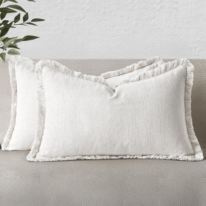 MIULEE Christmas Decorative Throw Pillow Covers Neutral Linen Fringe Fall Throw Pillows Set of 2 Natural Beige Boho Farmhouse Cushion Covers with Tassels for Couch Sofa Bed Home Decor 20x20 Inch