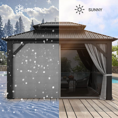 YITAHOME 12x14ft Hardtop Gazebo Outdoors with Nettings and Curtains, Heavy Duty Double Roof Galvanized Steel Outdoor Double Roof for Patio, Backyard, Deck, Lawns, Gray