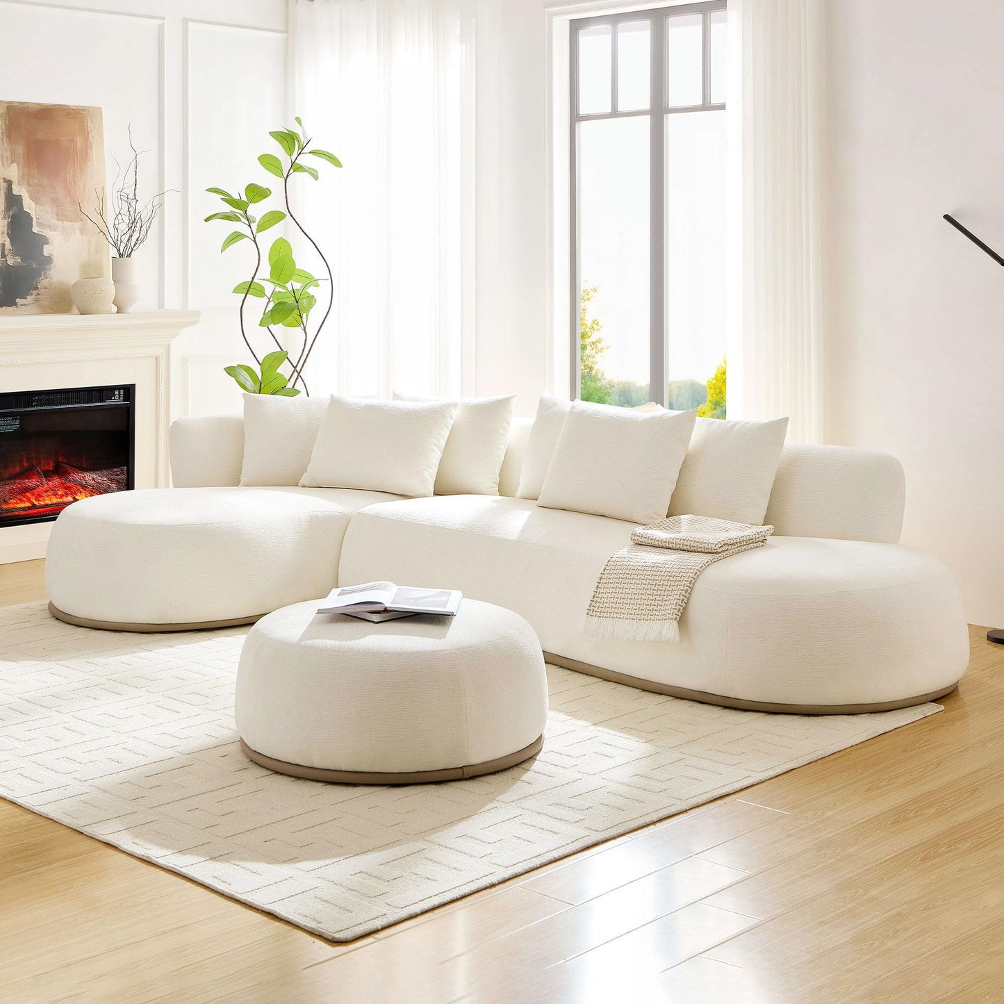 KEIKI 135" L-Shaped Oversized Boucle Sectional Sofa with Left Chaise, Modern 5-Seater Polyester Curved Couch with PU Leather Base, 1 Ottoman & 6 Pillows, No Assembly Required, for Living Room, Beige