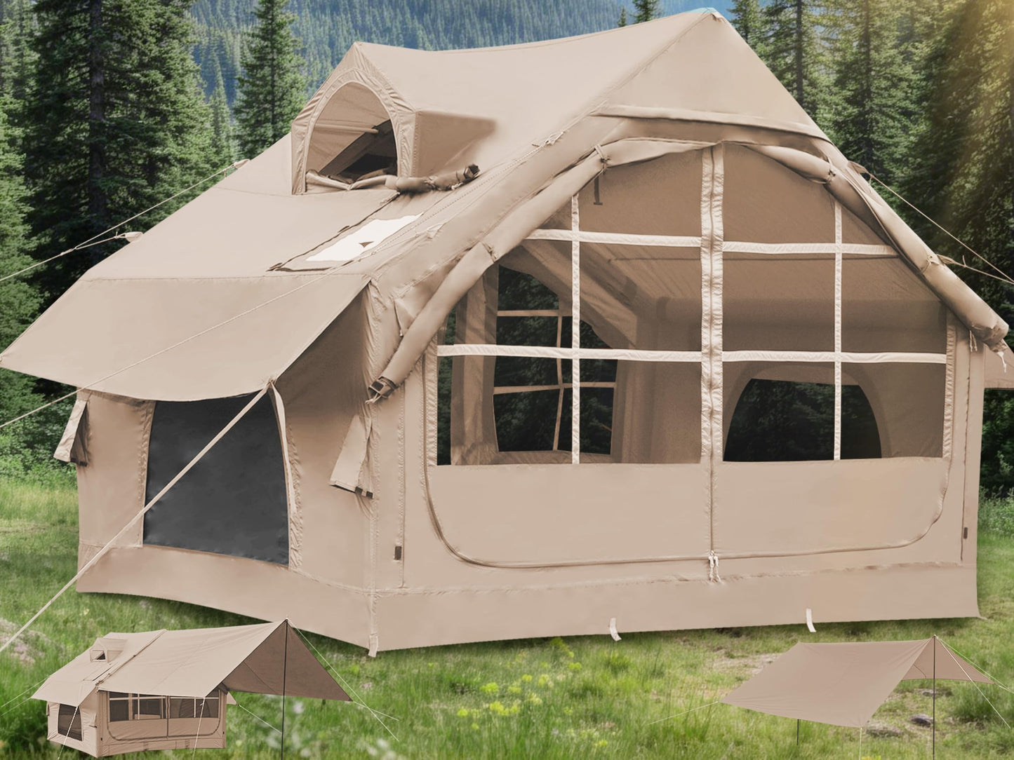 Inflatable Tents for Camping with Skylight, 4/6 Person Easy Setup Blow Up Tents for 4 Seasons Waterproof Inflatable Camping Tent with Awning, Air House Glamping Tents for Camping Adult